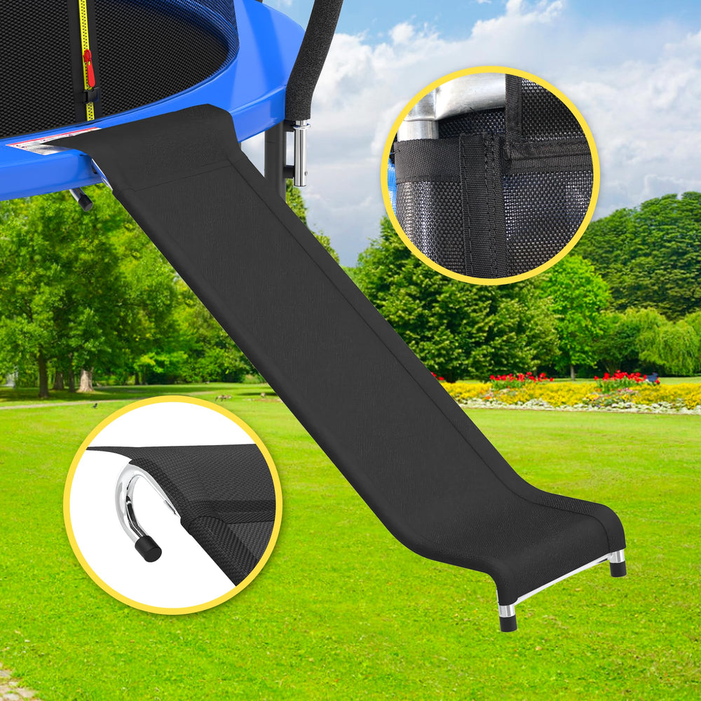 wocarks slide beside trampoline showing height and size compatibility