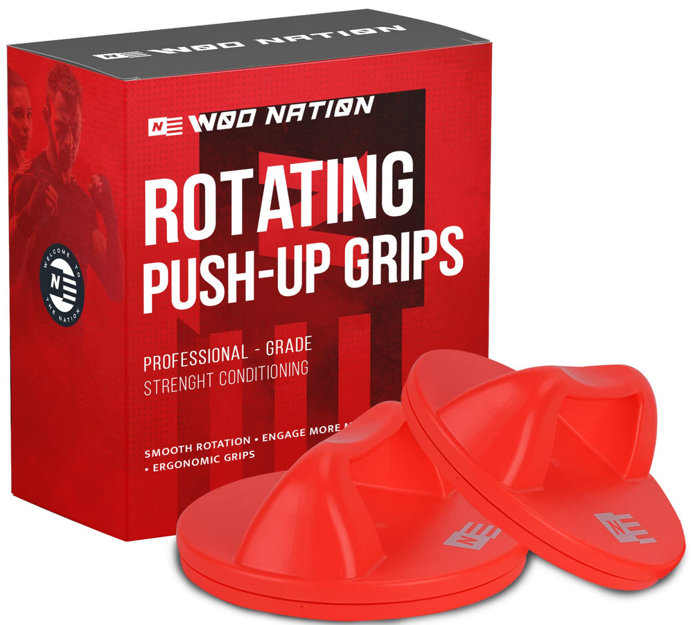 WOD Nation rotating push up bars front view showing compact red metal design and stability