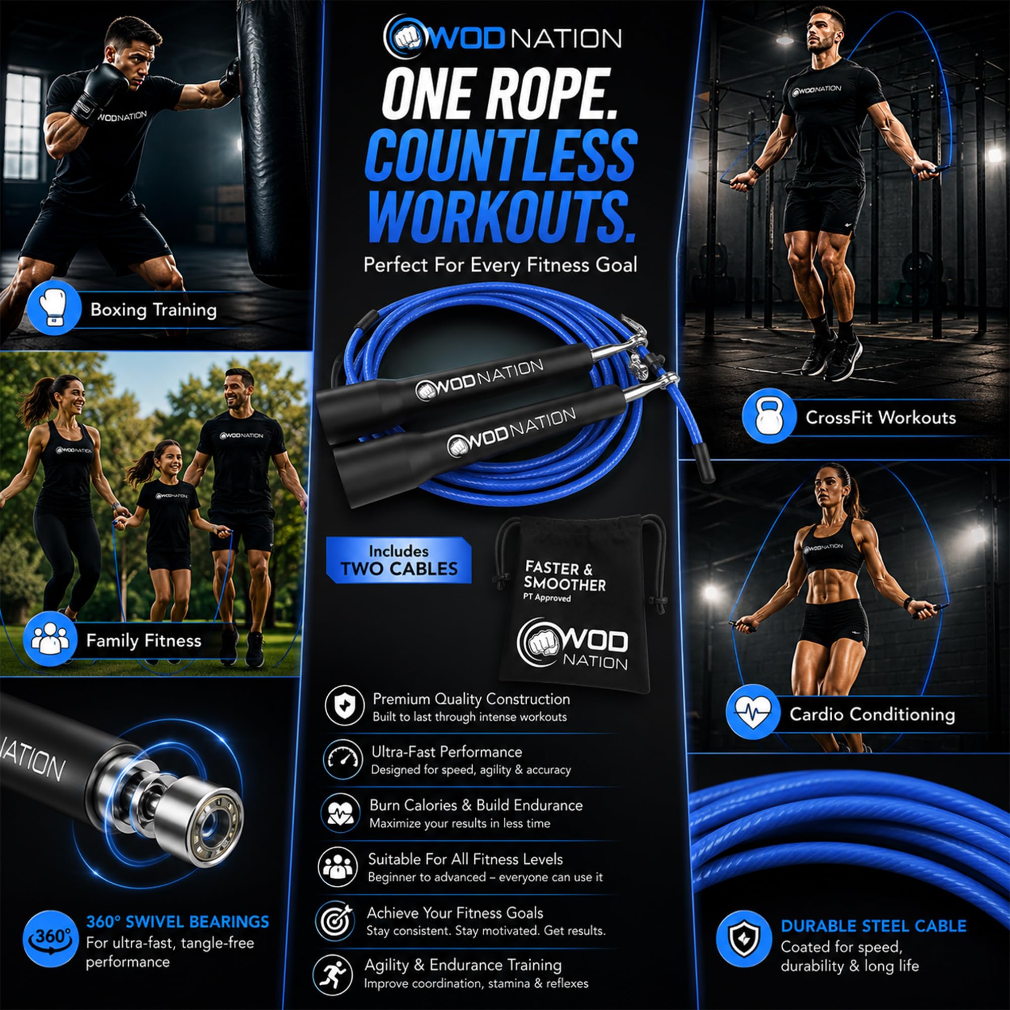 WOD Nation rope beside water bottle showing compactness for travel