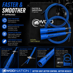 WOD Nation cable detail showing coated alloy steel and wear-resistant durability benefit