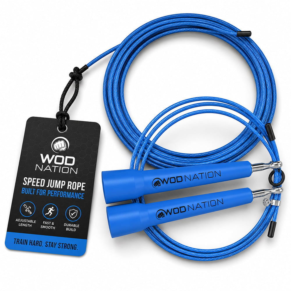 WOD Nation front view of blue speed rope showing slim profile and fast rotation benefit