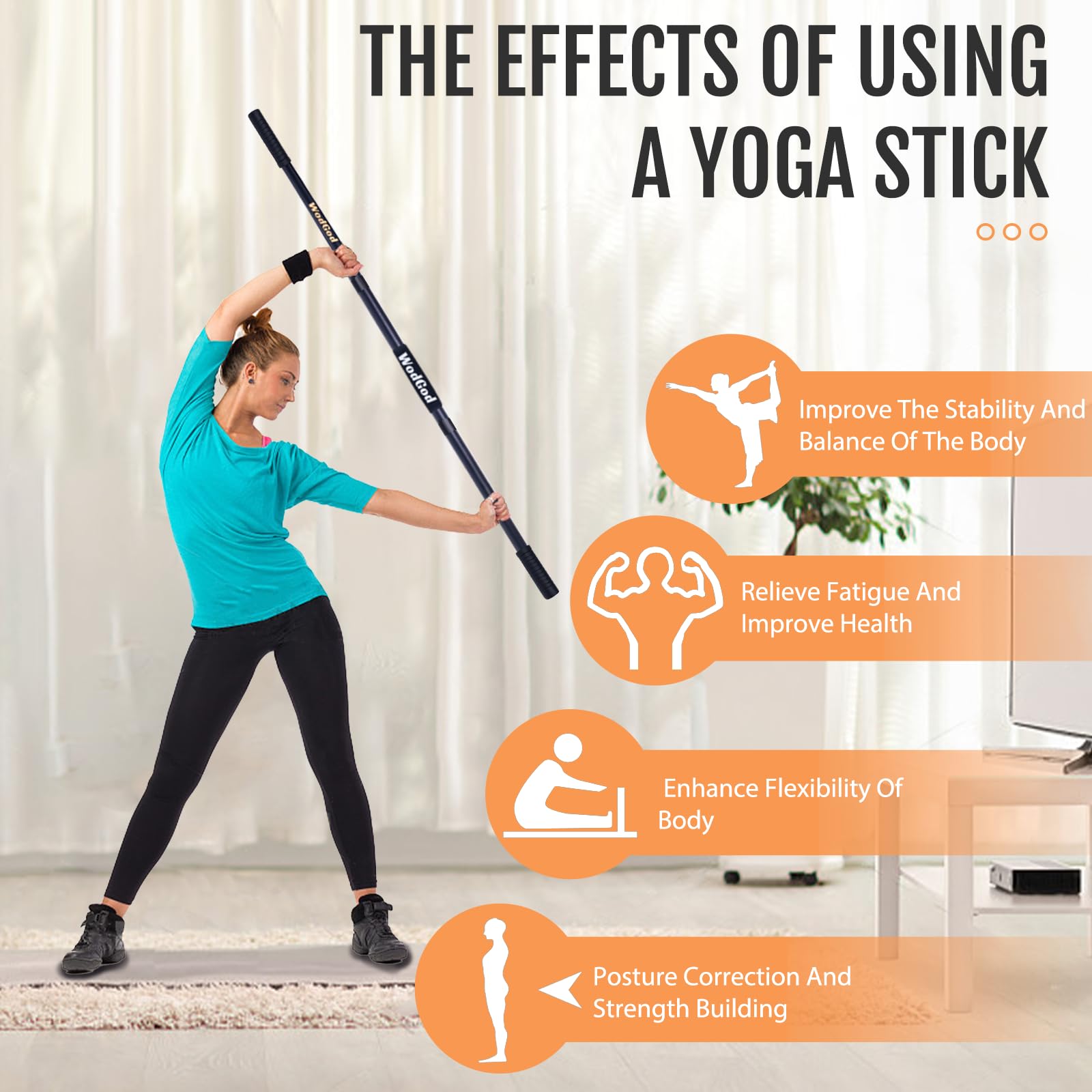 WodGod athlete using assembled 5 ft stick in yoga to improve alignment and balance