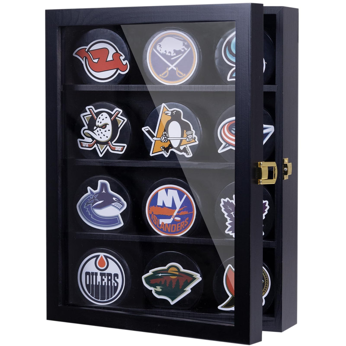 WodGod front view of 12‑puck display case showing organized collection and clear visibility