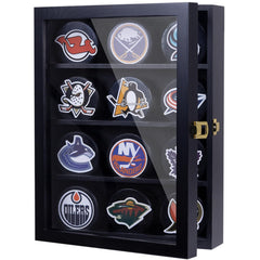 WodGod front view of 12‑puck display case showing organized collection and clear visibility