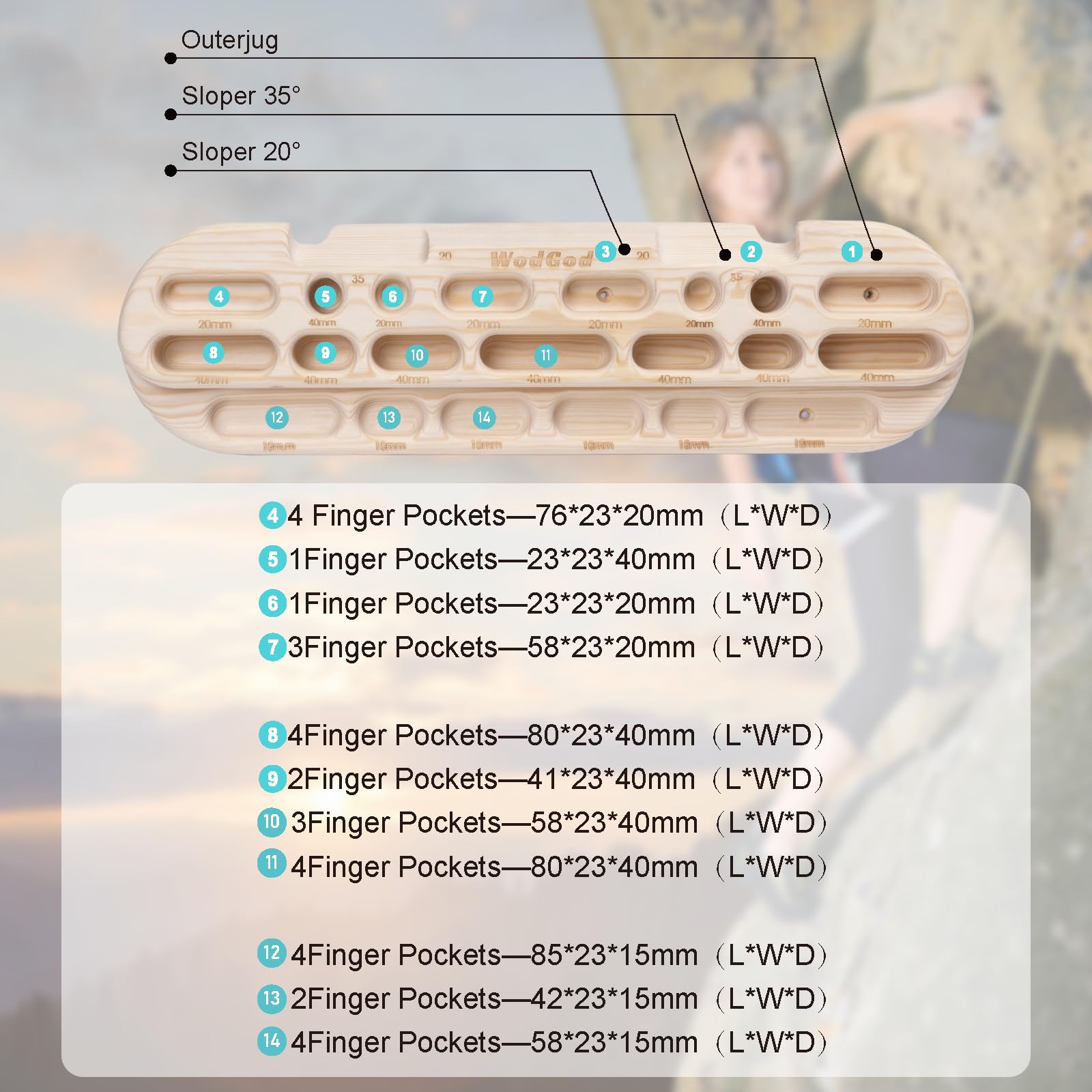 WodGod side-angle profile showing 20° and 35° slopes to vary hold difficulty