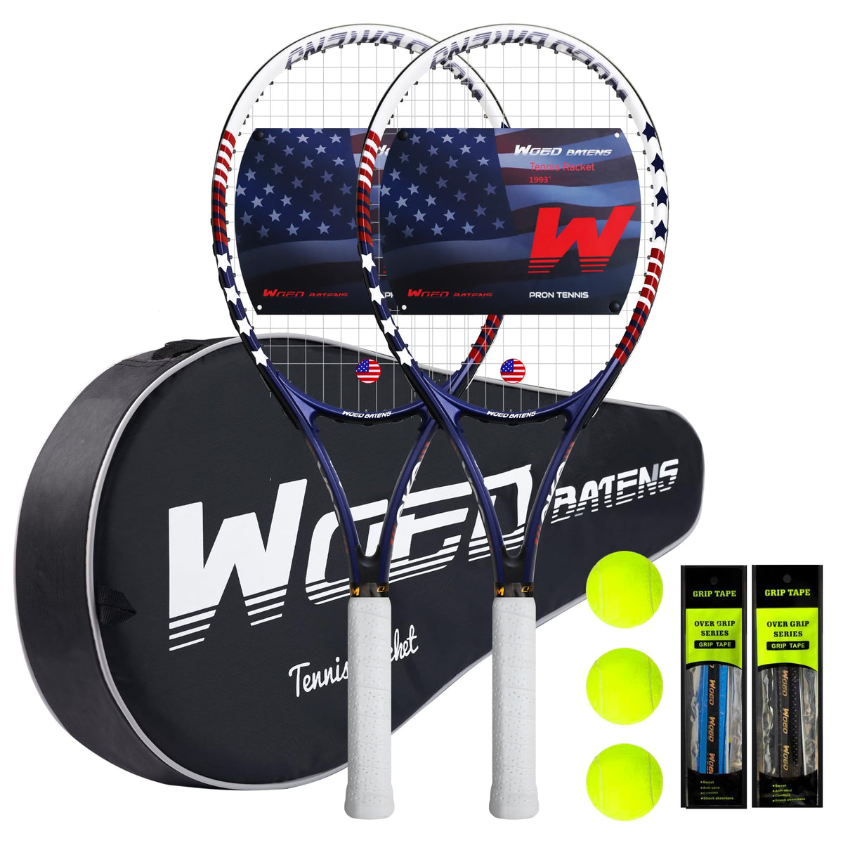 WOED BATENS front view of two rackets showing balanced design and ready-to-play benefit