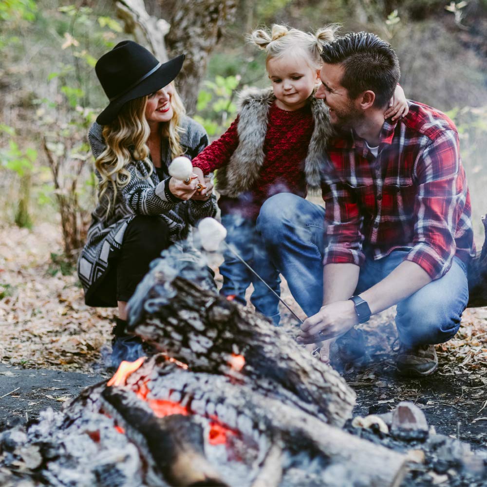 Wolf'em full-length stick next to firepit, keeps hands safely distant from flames