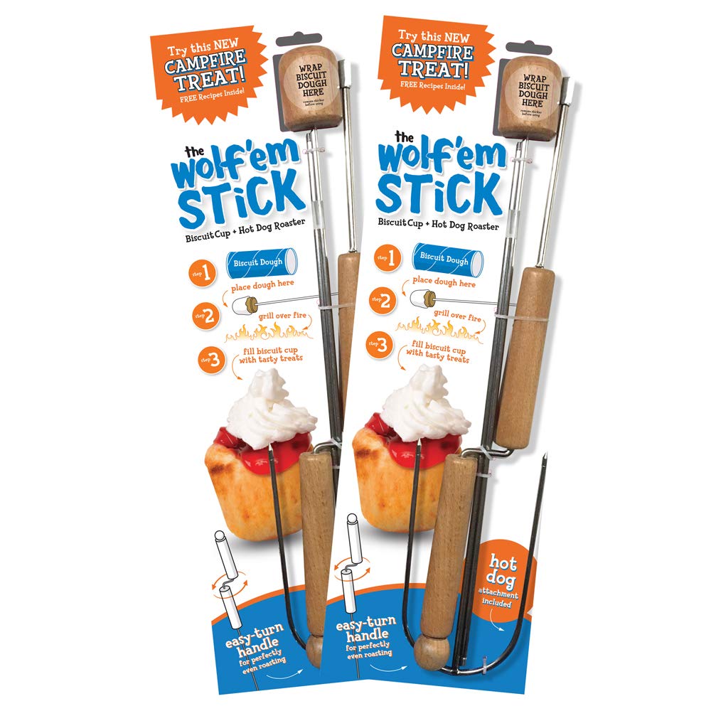 Wolf'em front packaging showing set of two sticks and accessories, ideal for camping