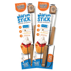 Wolf'em front packaging showing set of two sticks and accessories, ideal for camping