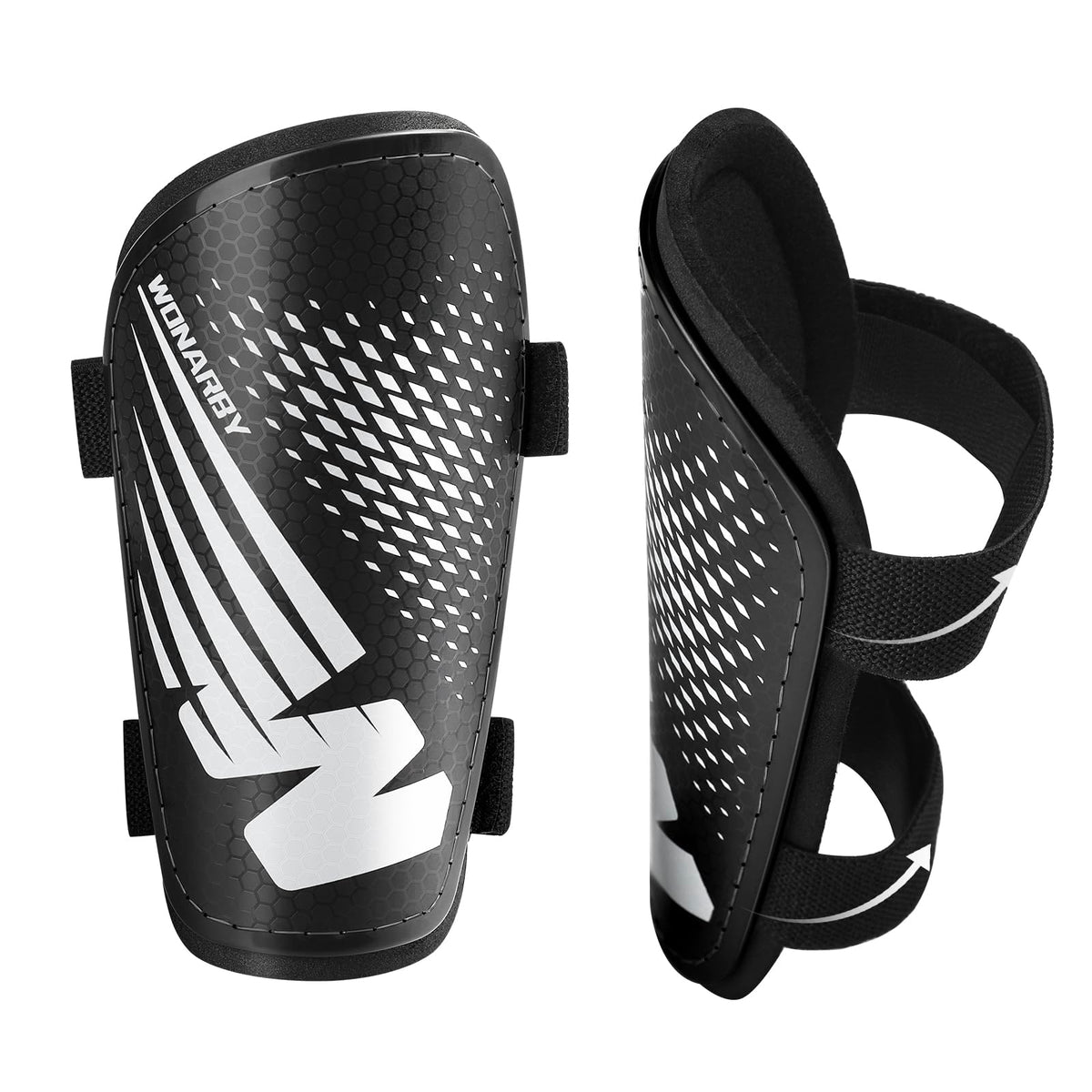Wonarby front view of shin guards showing full coverage and simple design benefit