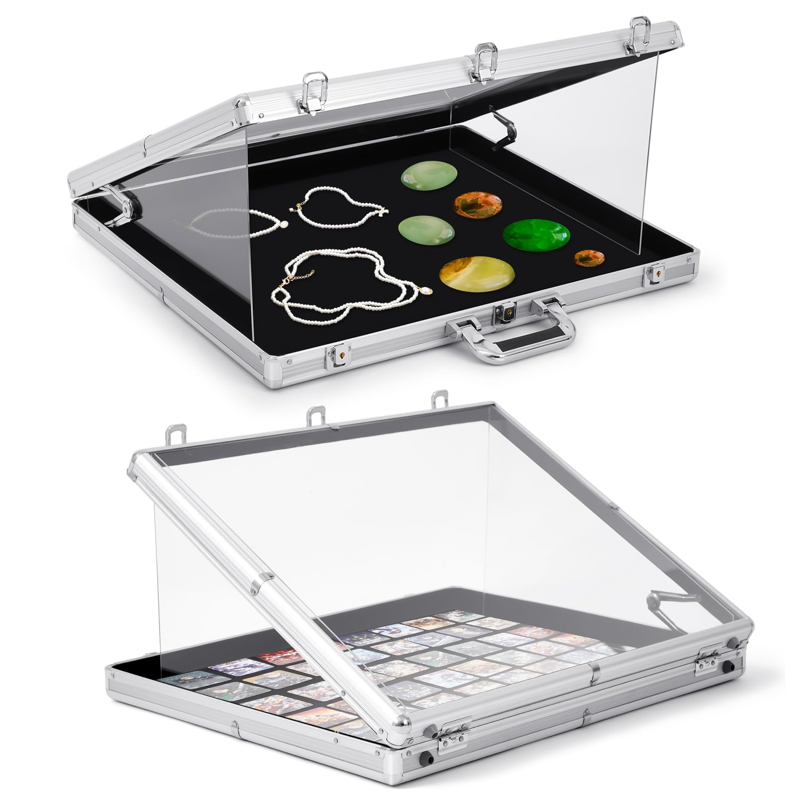 Wonderjune front view aluminum case displaying cards securely and attractively