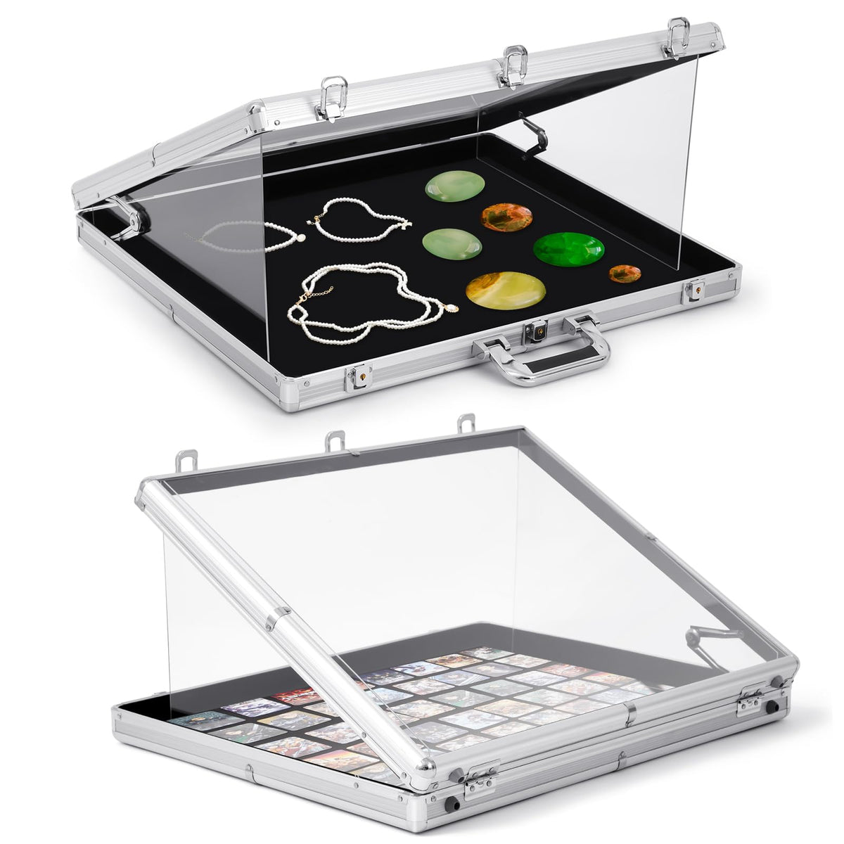 Wonderjune front view aluminum case displaying cards securely and attractively