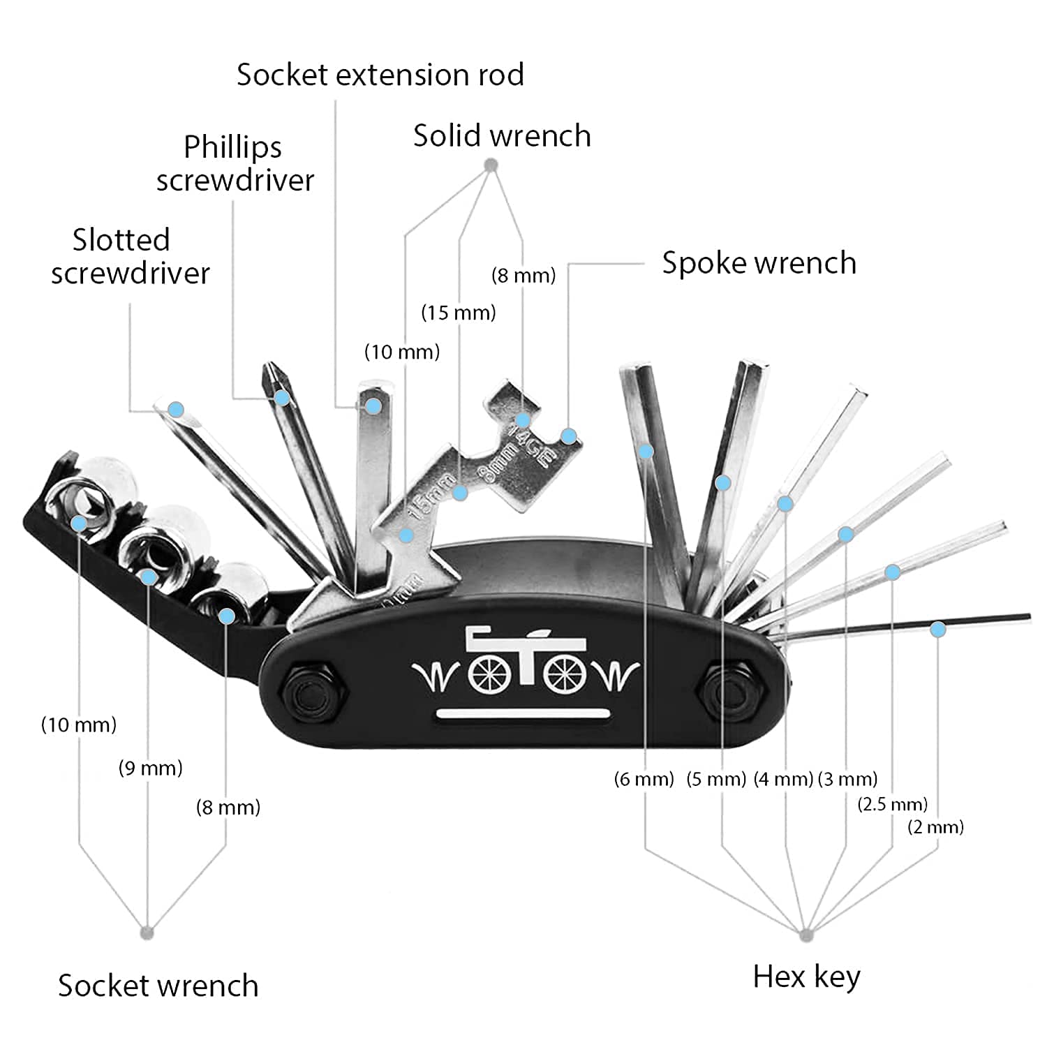 WOTOW frame bag with pump, multitool, patches and accessories neatly arranged for quick access