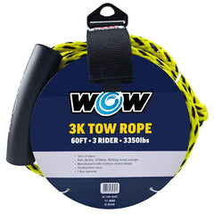 WOW Sports tow rope front view showing bright yellow high-visibility design and attachment benefit