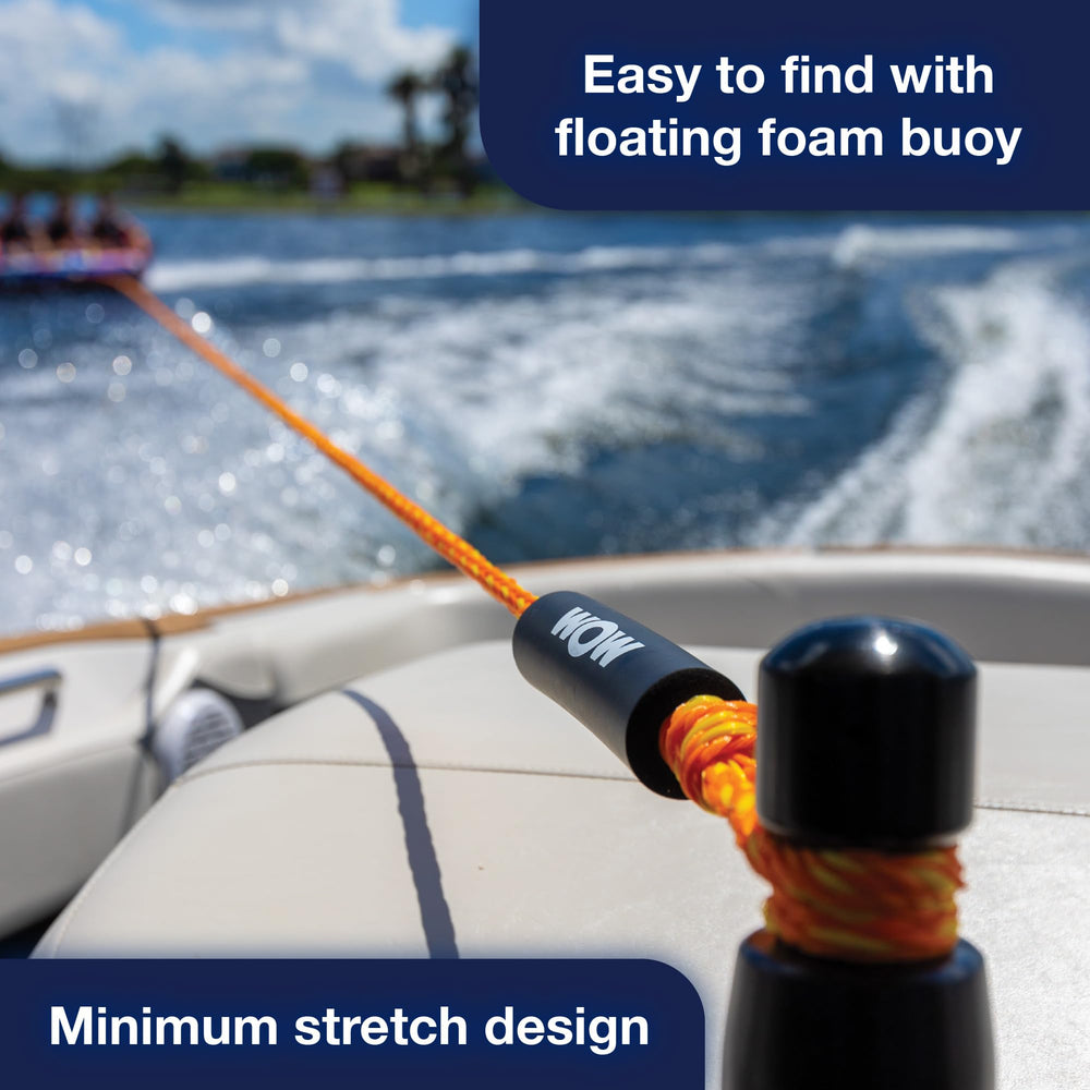 WOW Sports rope in use towing a tube illustrating stable tow and rider visibility benefit