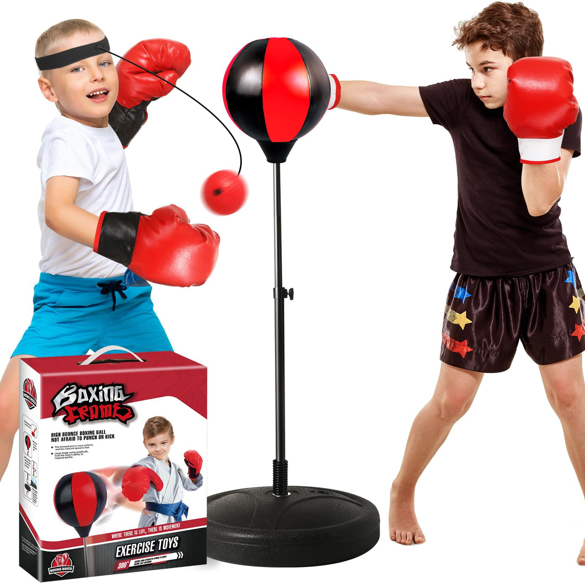 Woyebaby front view of assembled punching bag set showing full kit and benefits
