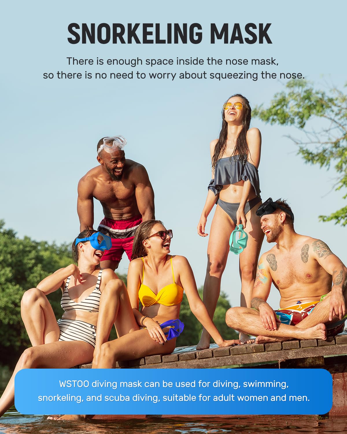 WSTOO goggles worn in pool setting showing comfortable fit and clear sight benefit