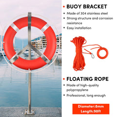WTMORE life ring with 98.5 ft floating rope coiled and galvanized snap hook for fast rescue