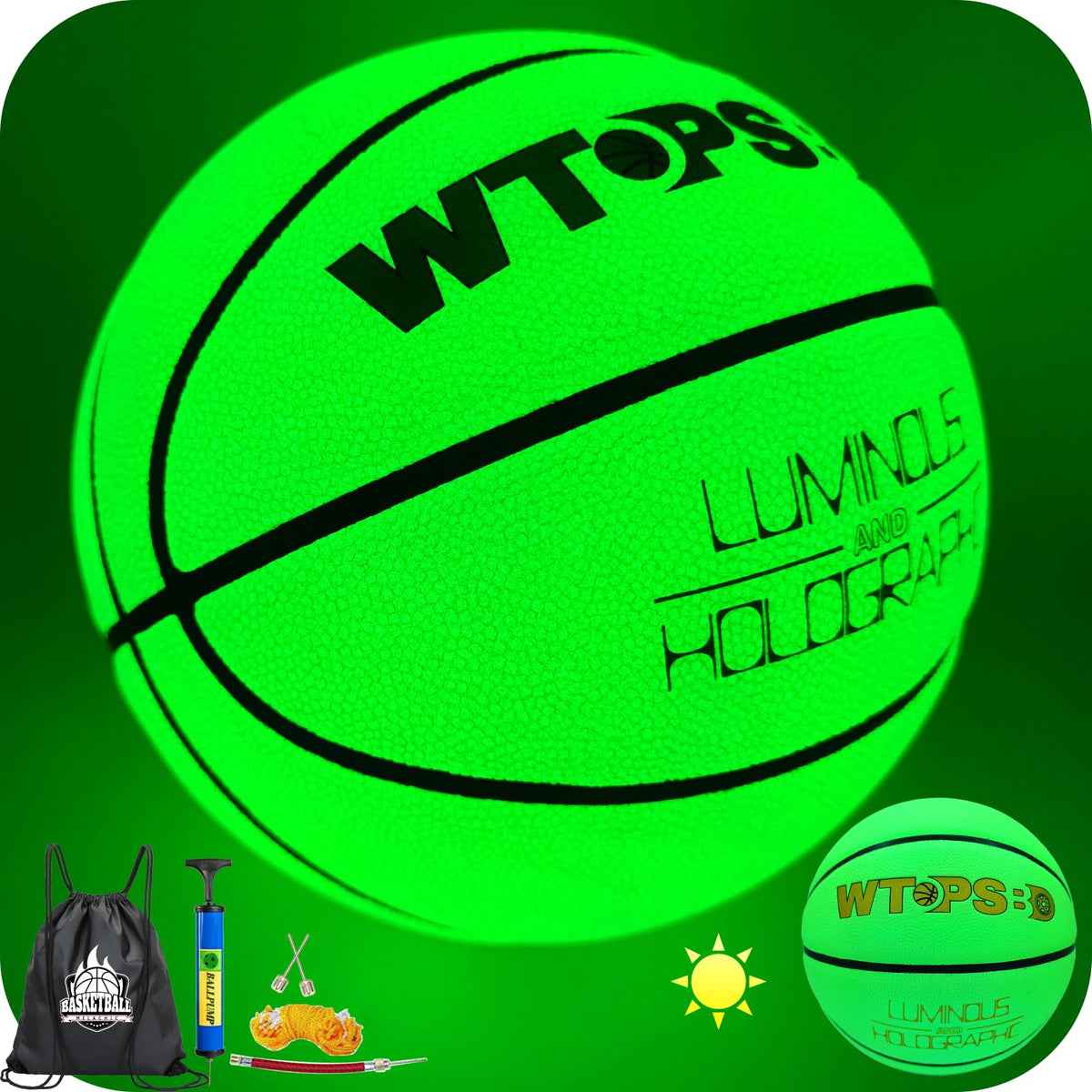 WTOPSBO front view showing glowing green basketball and clear branding, highlights visibility