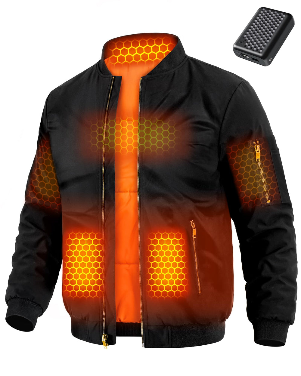 Wulcea front view black jacket showing heated zones and sleek style for reliable warmth