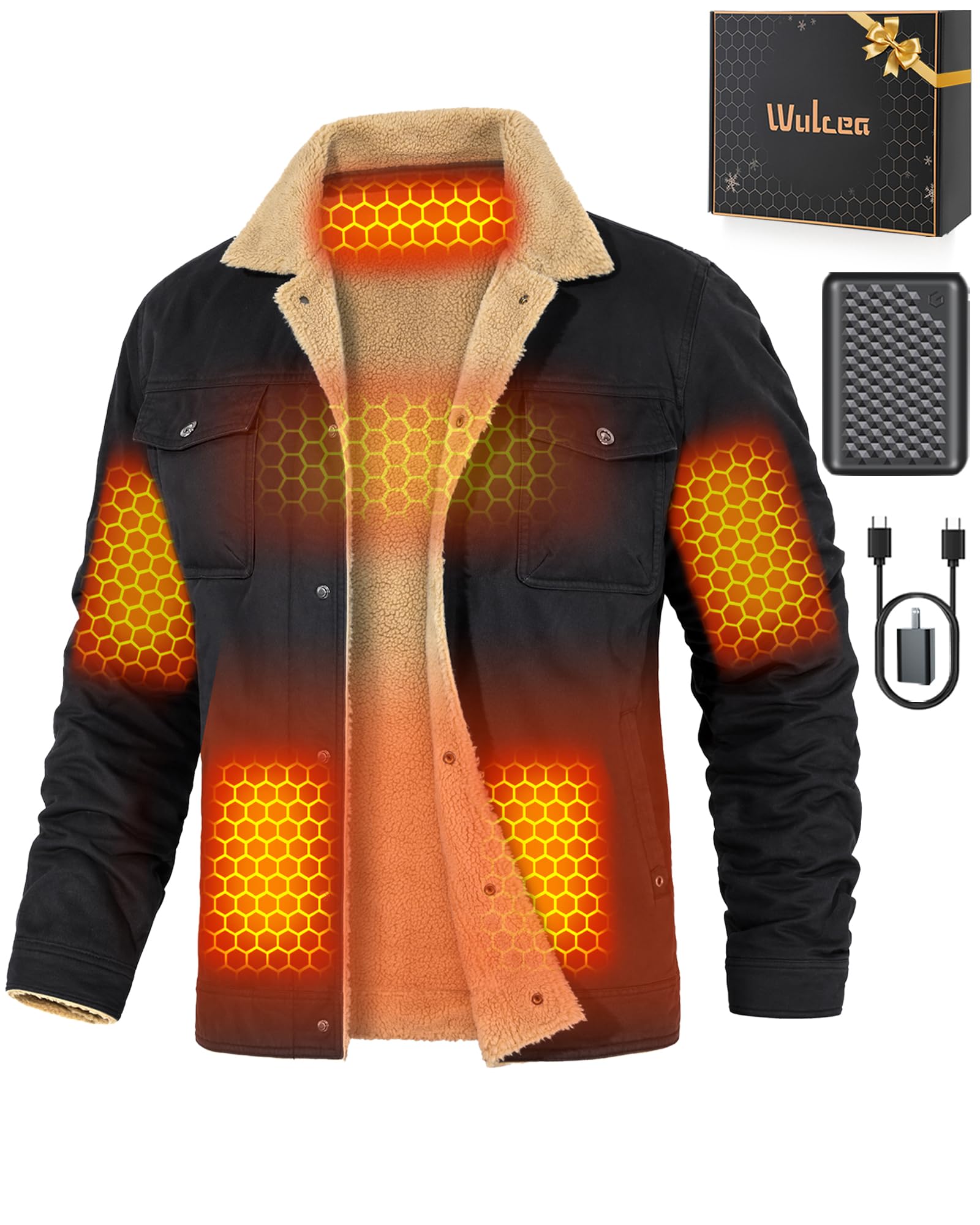 Wulcea heated jacket front view showing buttons and heated zones for comfort