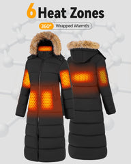 Wulcea woman wearing heated jacket walking outdoors, staying warm during cold activities