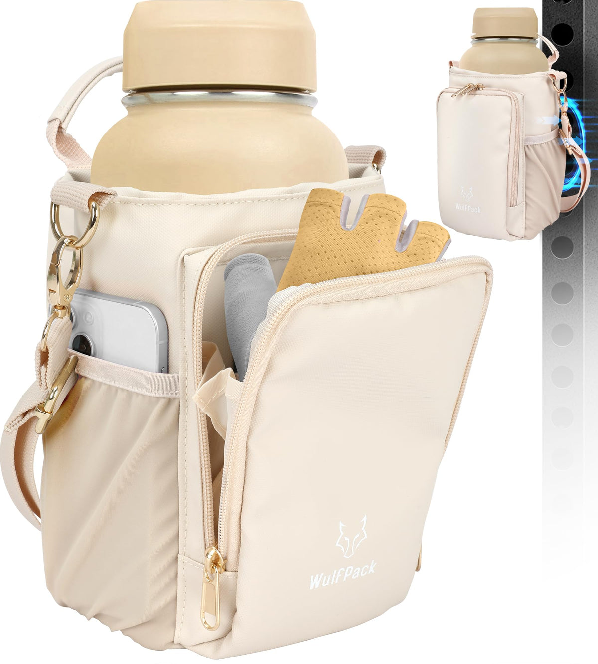 WulfPack front view showing crème bag and organized pockets for clean storage