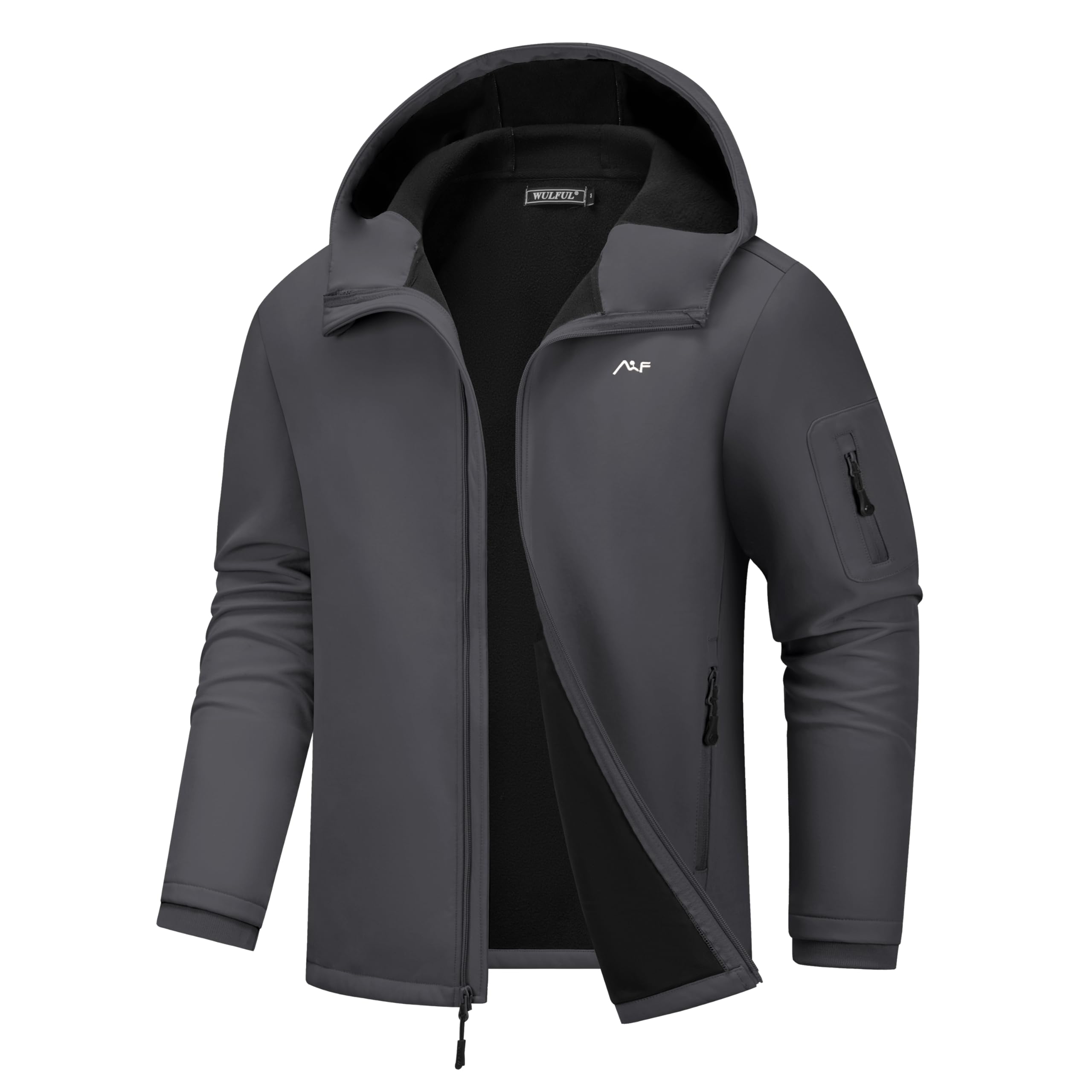 WULFUL front view hooded softshell showing weather protection and fit