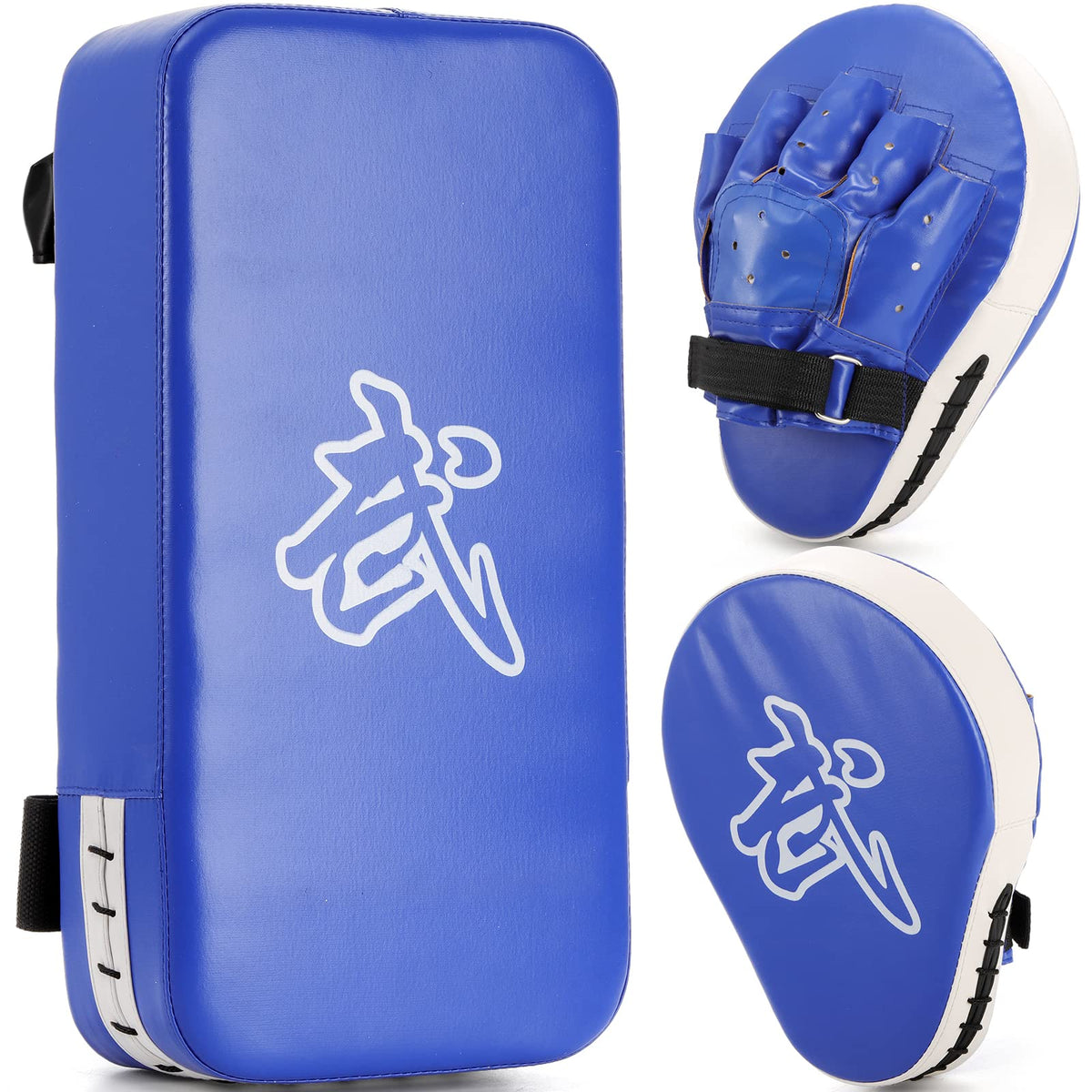 WUWEOT front view of mitts and kick pad showing complete set and portability