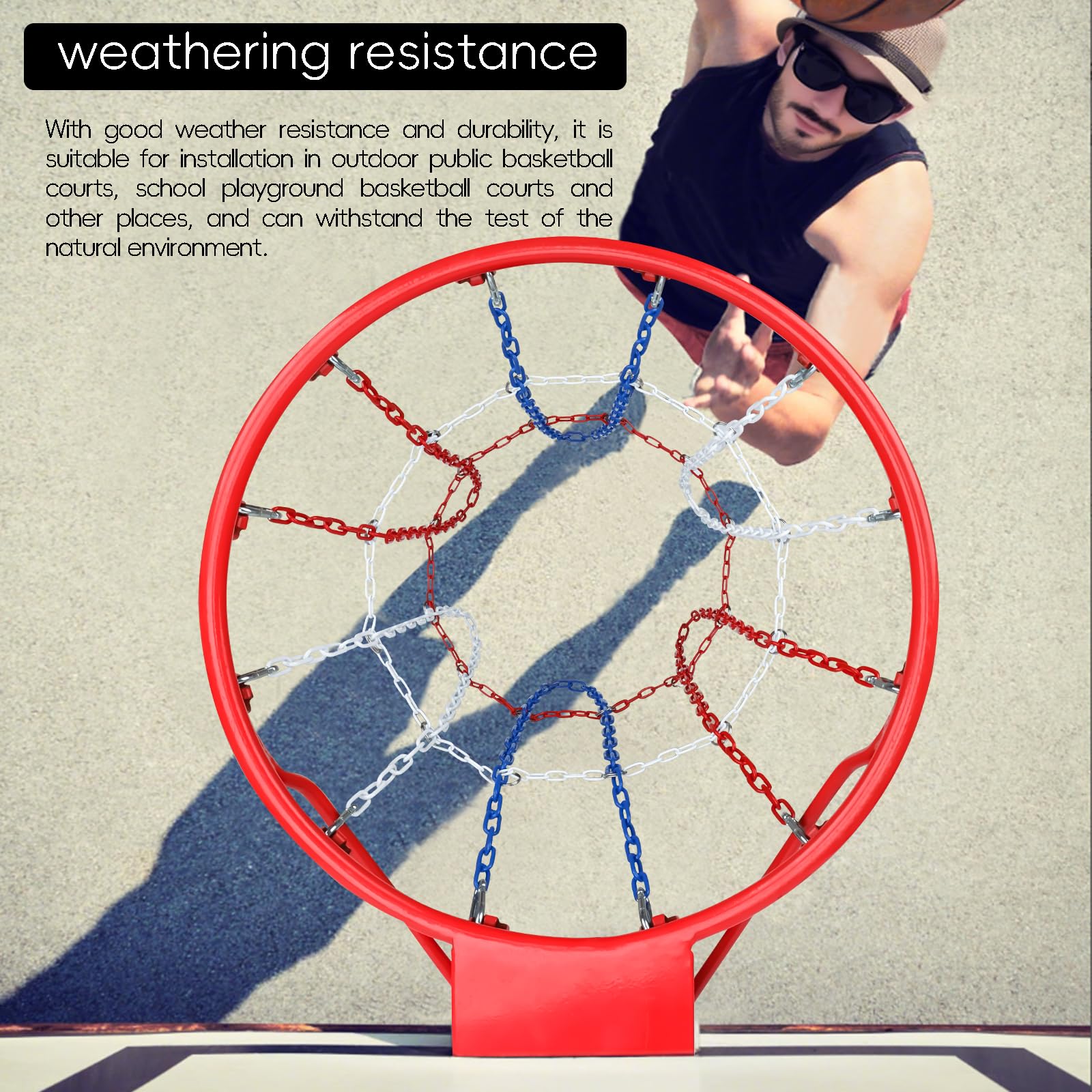 WWFFEN net paired with rim demonstrating compatibility with standard basketball frames