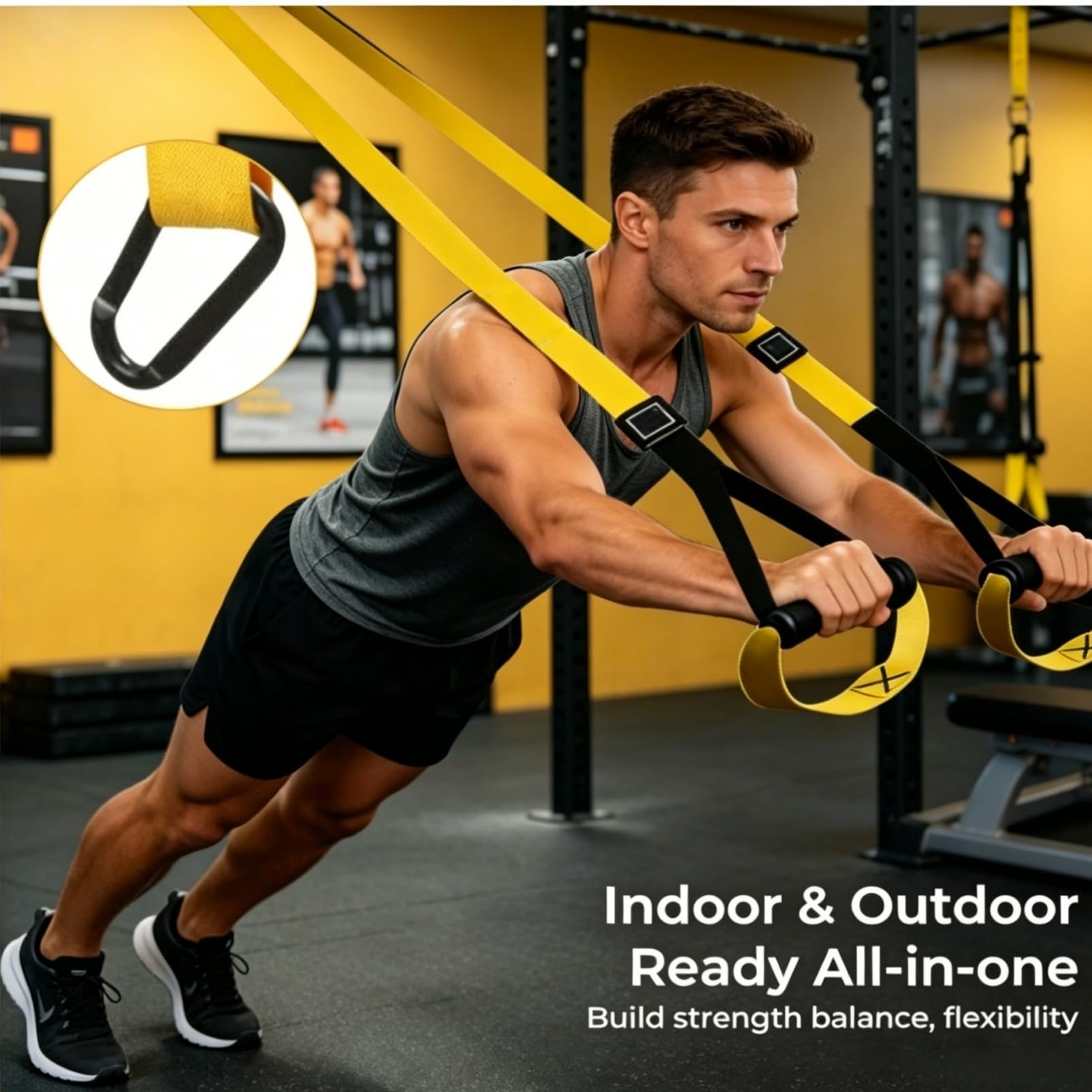 WYGOOD in-use door setup with person training, demonstrating convenient home workouts