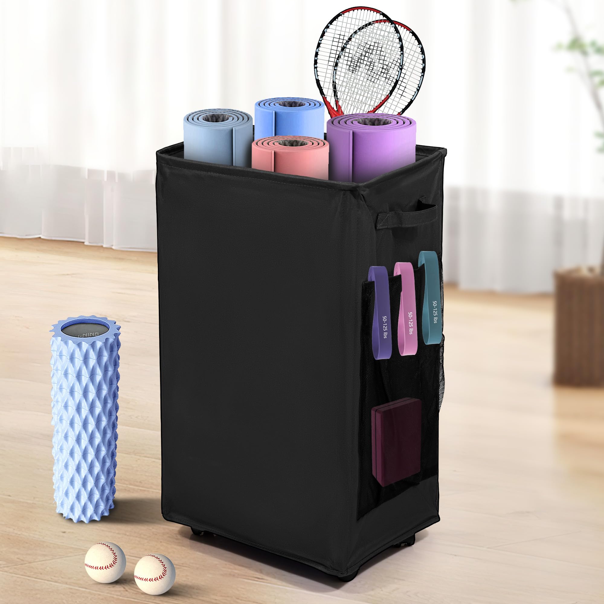 wymulot front view of storage rack showing neat mat organization and quick access