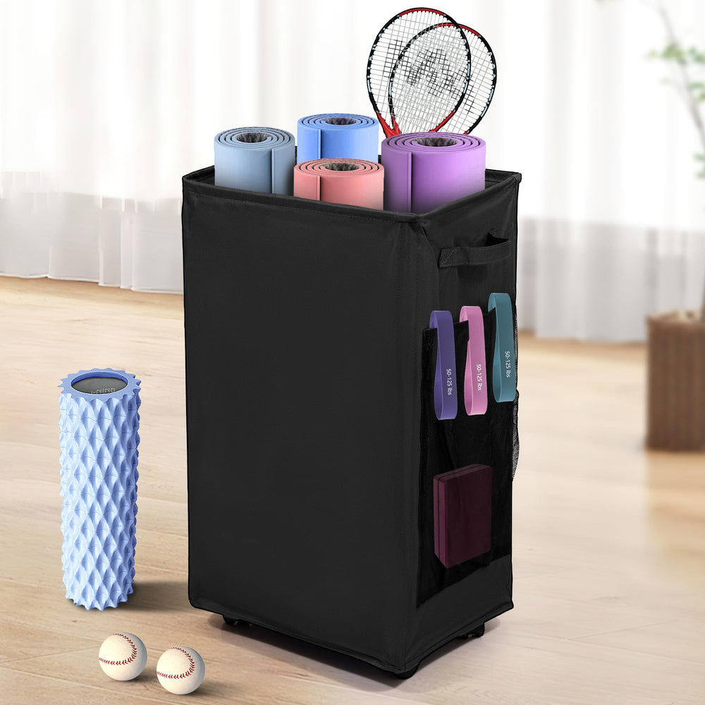 wymulot front view of storage rack showing neat mat organization and quick access