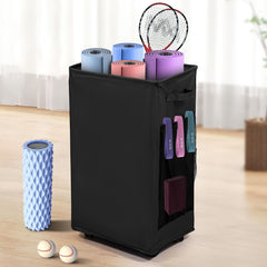 wymulot front view of storage rack showing neat mat organization and quick access