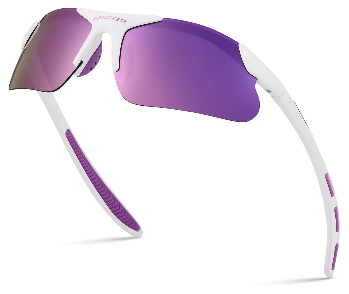 Xagger front view of sunglasses showing sporty frame and clear polarized lens for comfort