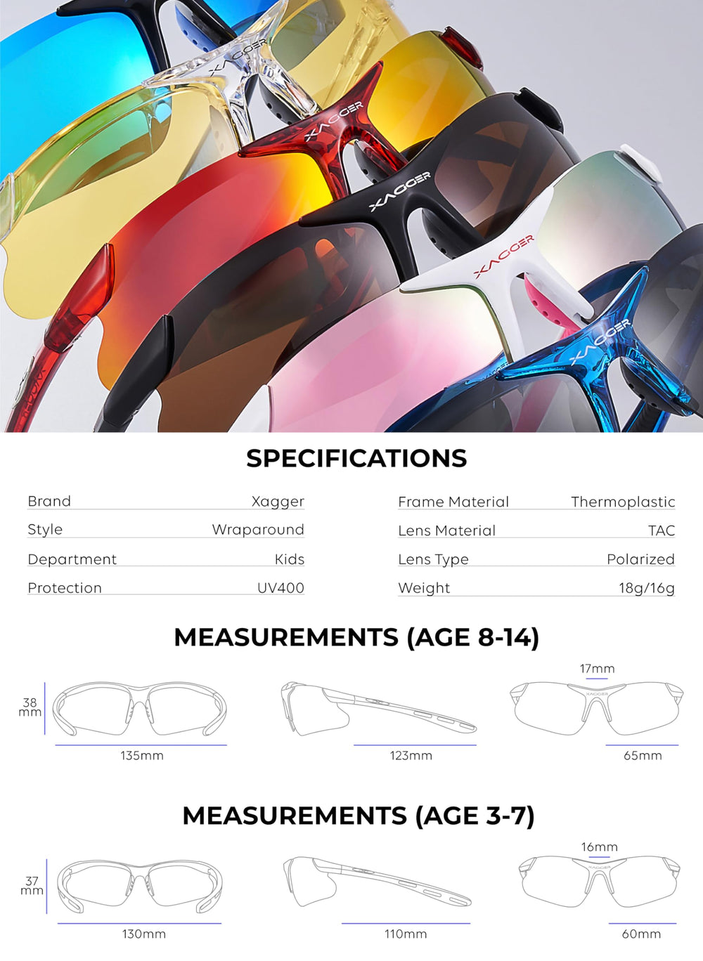 Xagger sunglasses next to ruler showing size and fit benefit for kids