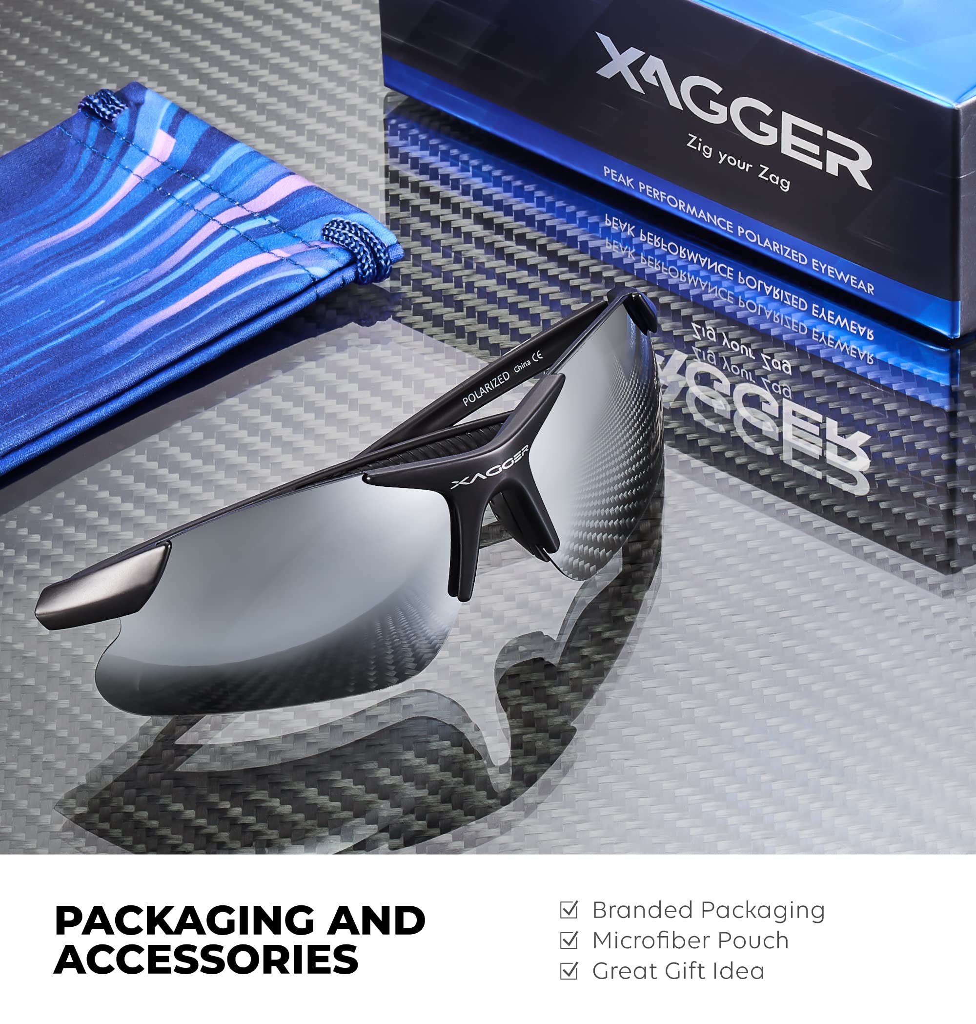 Xagger sunglasses next to hand showing scale and comfortable fit benefit