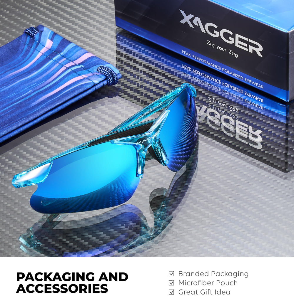 Xagger sunglasses in hand to show scale and comfortable fit