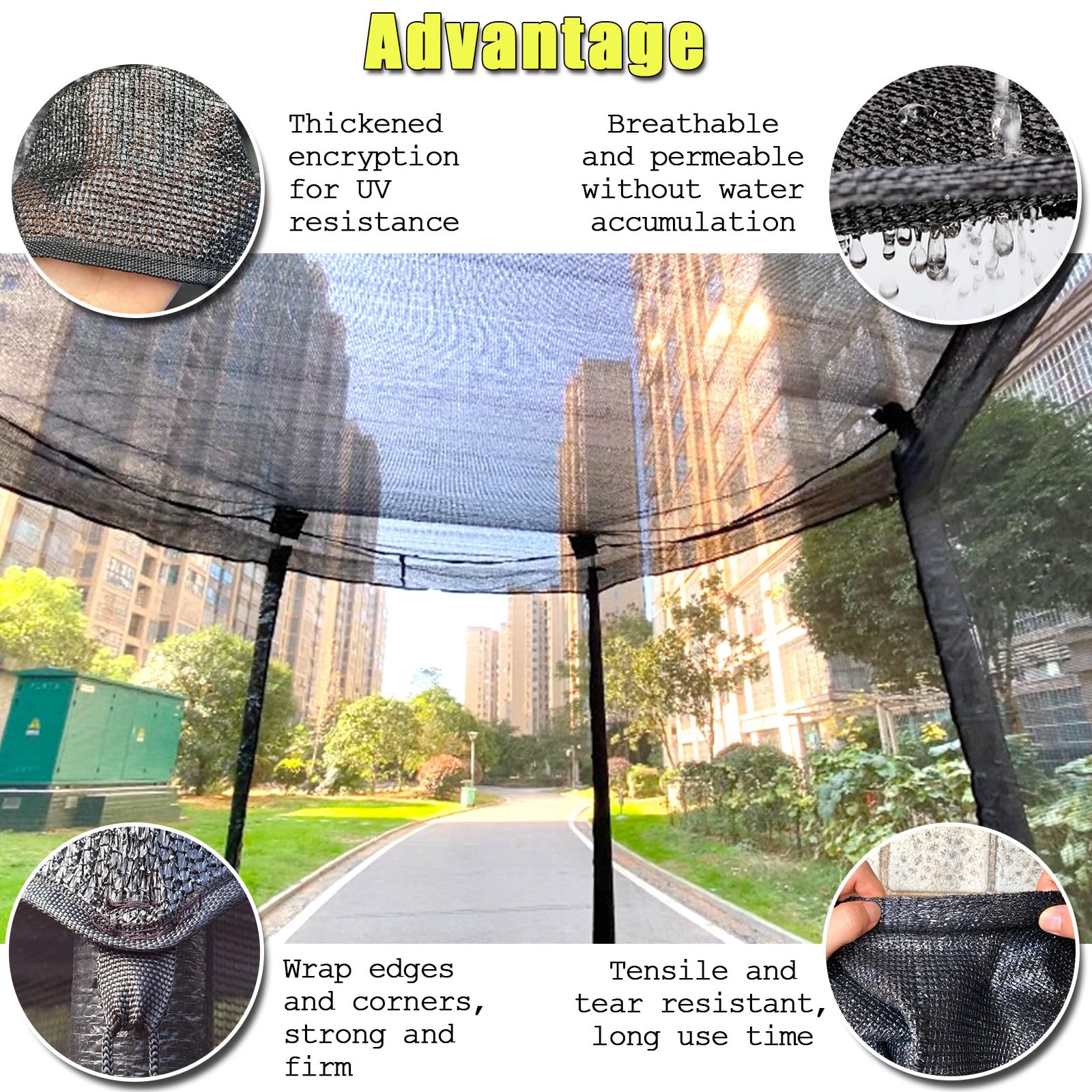 XATAMIO tied rope at pole base securing shade for wind resistance