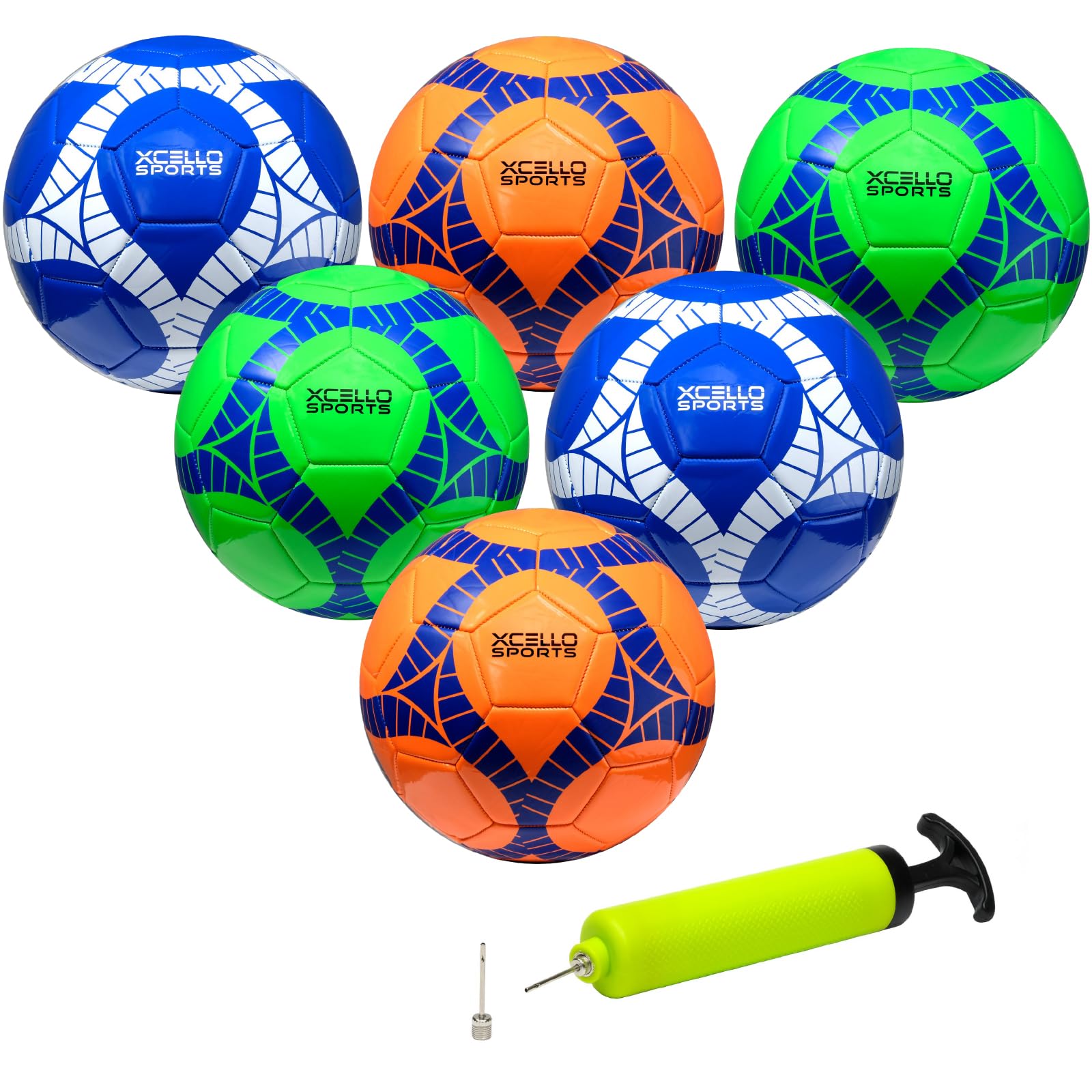 Xcello Sports front packaging showing six Size 4 balls and included pump for easy setup