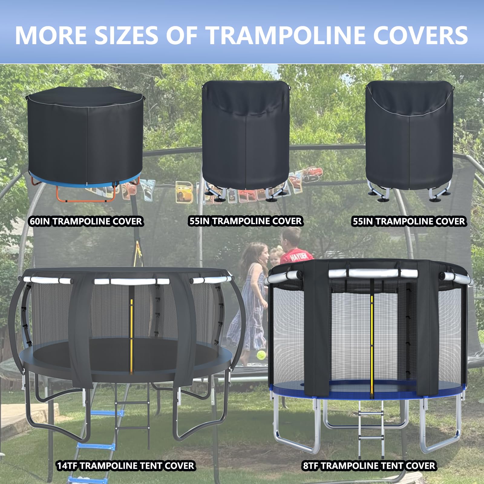 XCZ lifestyle backyard shot of installed cover protecting trampoline from elements