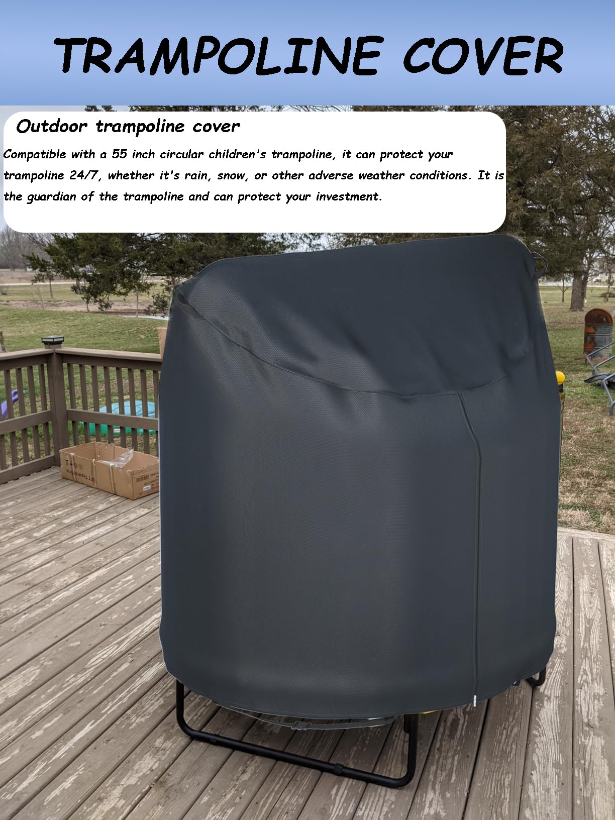 XCZ cover on 55-inch trampoline for scale showing precise fit benefit