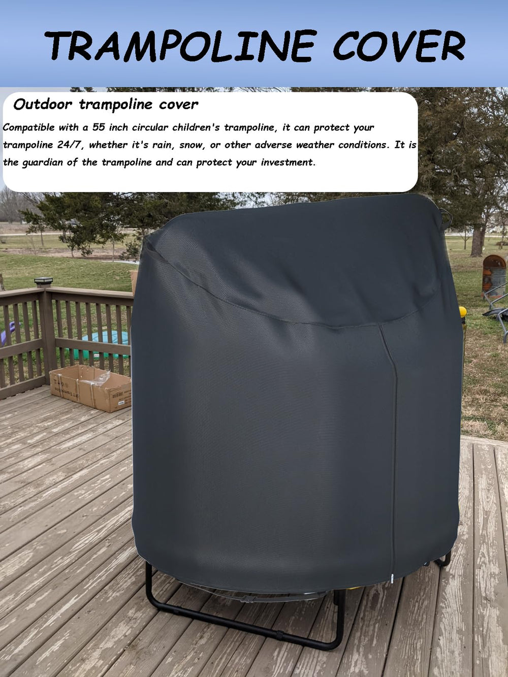 XCZ cover on 55-inch trampoline for scale showing precise fit benefit