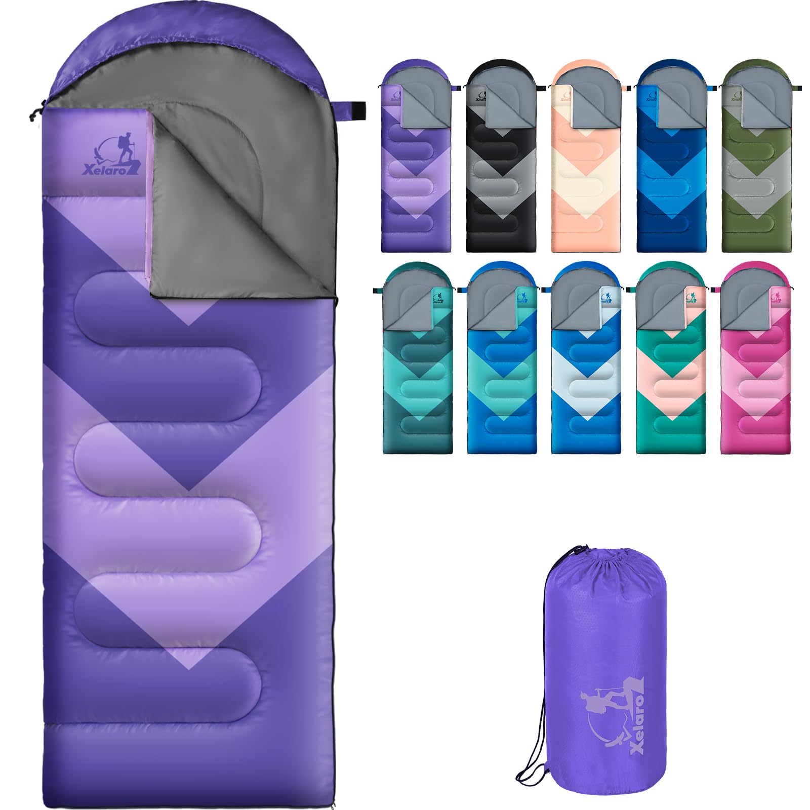 Xelaro front view of sleeping bag showing full rectangular shape and roomy fit for comfort