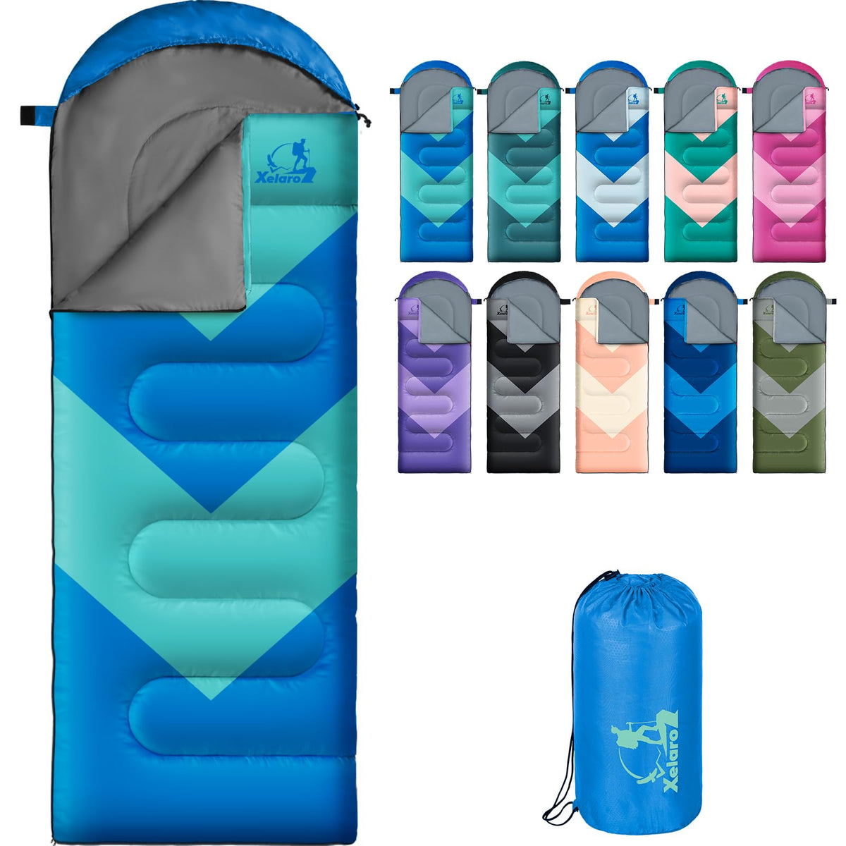 Xelaro front view of sleeping bag showing roomy rectangular fit and comfort