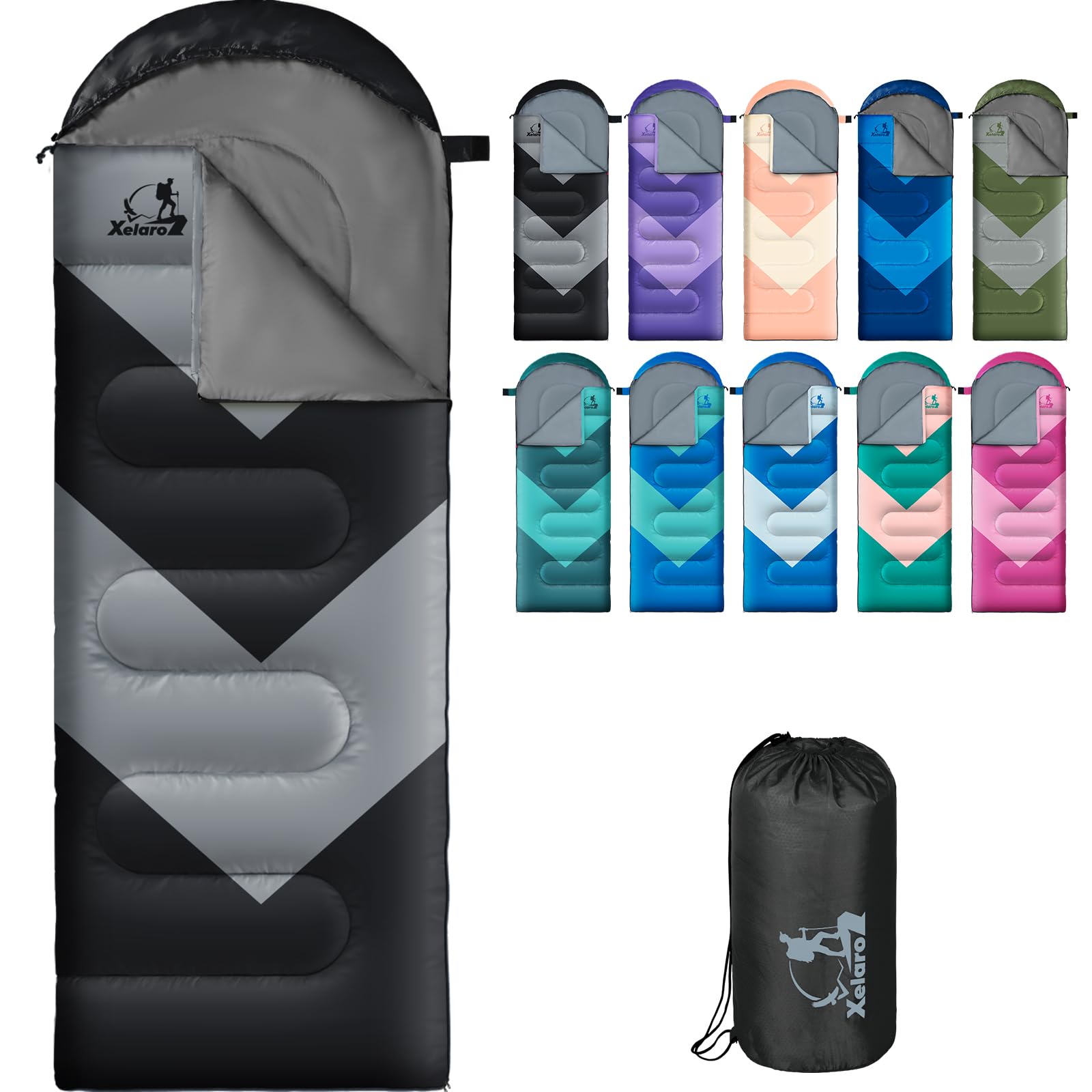 Xelaro front view of the rectangular sleeping bag showing full length and roomy fit for comfort