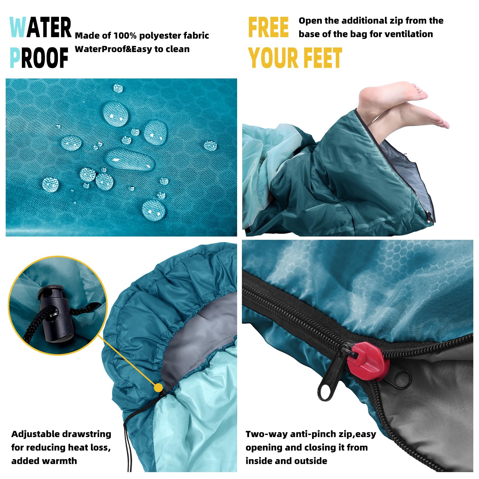Xelaro two-way anti-pinch zipper and drawcord close-up providing easy access and heat control