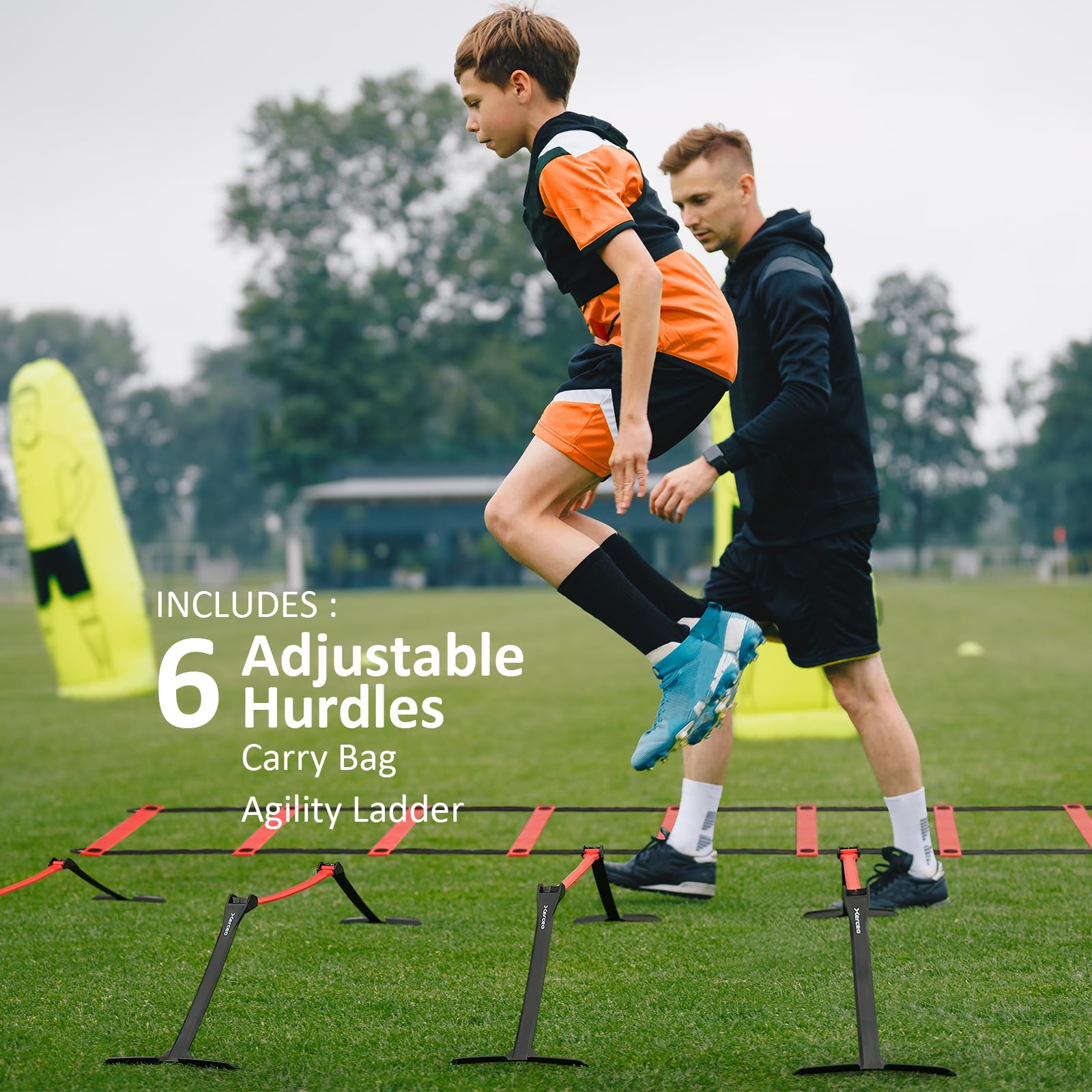 Xerceo athletes using hurdles and ladder on a field improving speed and coordination