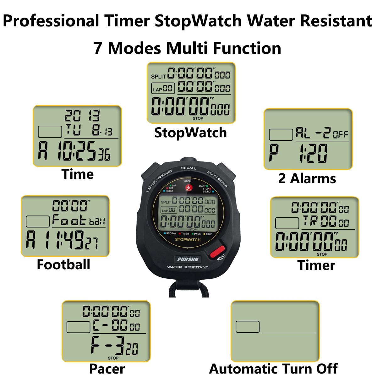 xinko stopwatch three-row screen visible for simultaneous time, lap, split viewing