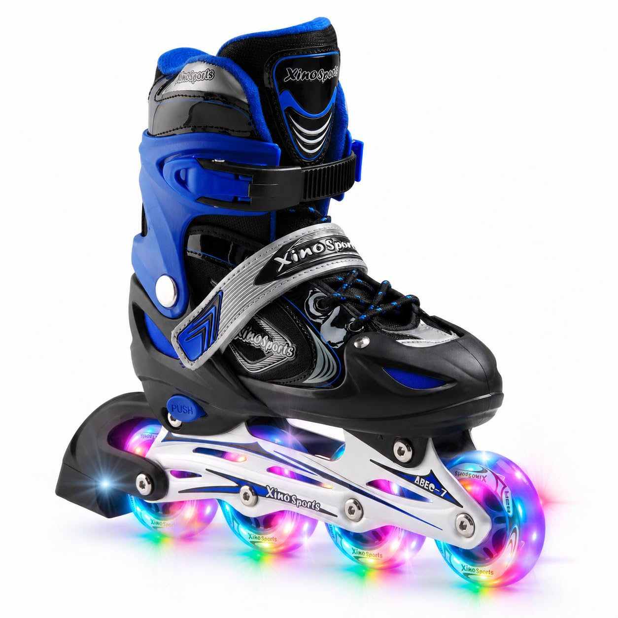 XINO SPORTS front view of blue skates showing fit and structure for easy learning